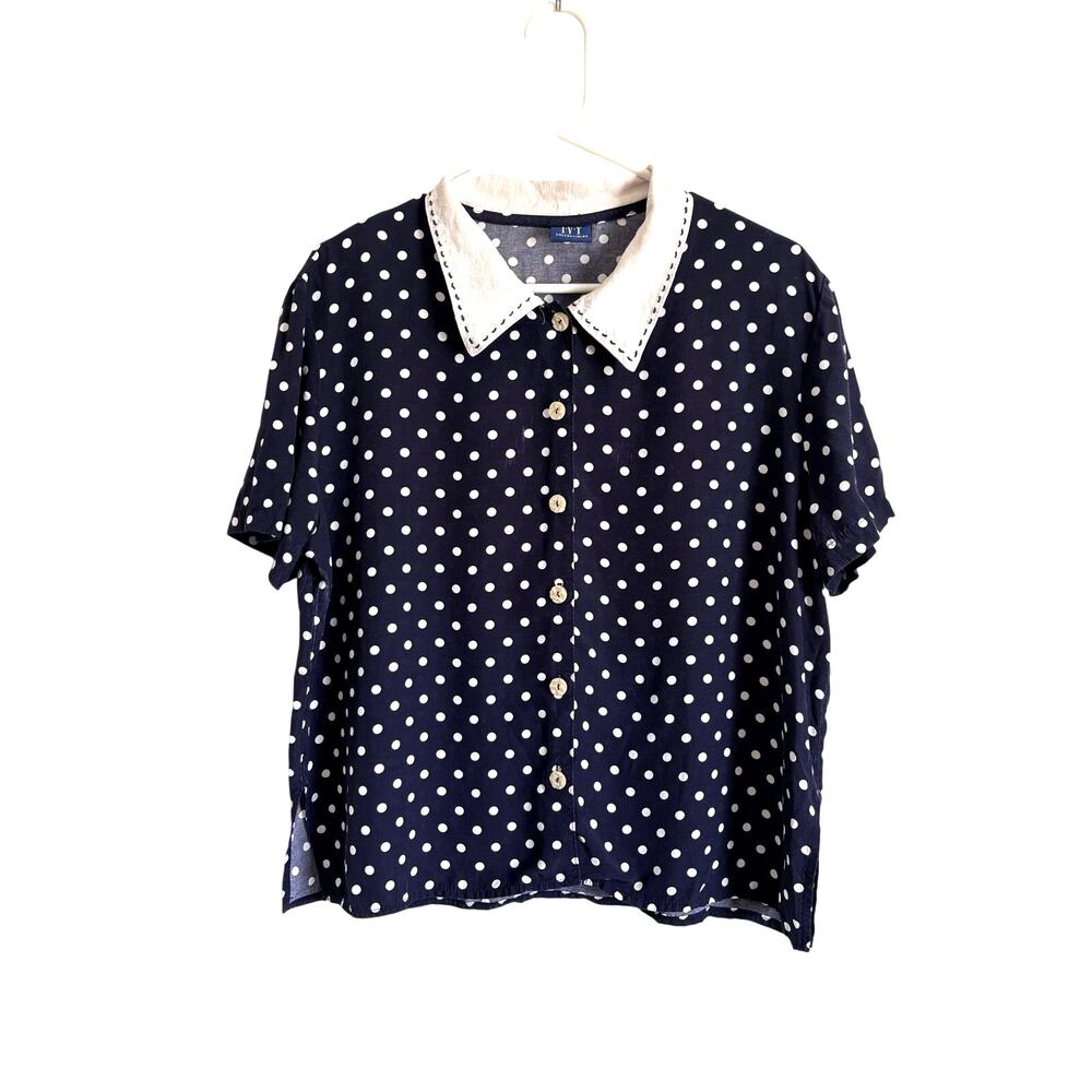 IVY Collectibles Polkadot Short Sleeve Shirt Button Peter Pan Collar Large Twee